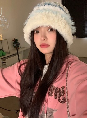 加厚毛绒绒针织帽子女秋冬款防寒毛线帽保暖护耳显脸小韩版大头围