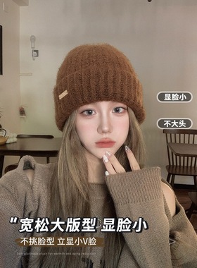 美拉德毛线帽子女秋冬加厚保暖羊毛针织帽宽松大头护耳冷帽显脸小