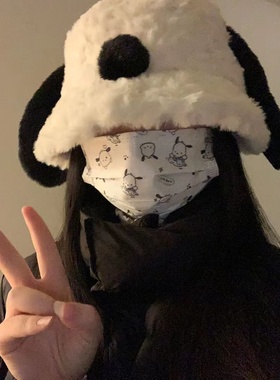 小狗耳朵渔夫帽女秋冬季韩版大头围毛绒水桶帽可爱显脸小保暖帽子