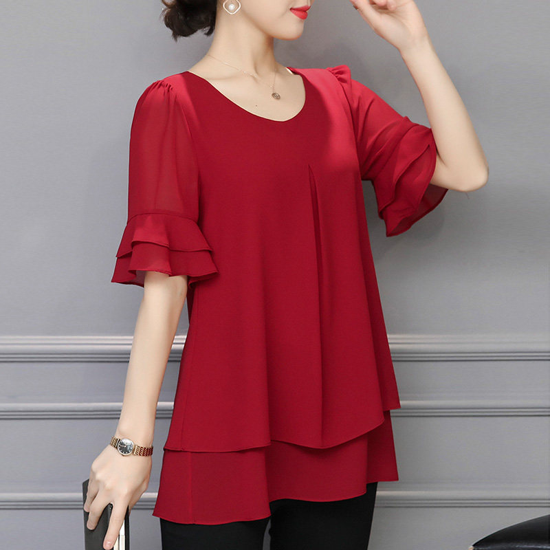 大码胖MM遮肚雪纺衫女短袖洋气妈妈宽松显瘦小衫荷叶袖上衣200斤