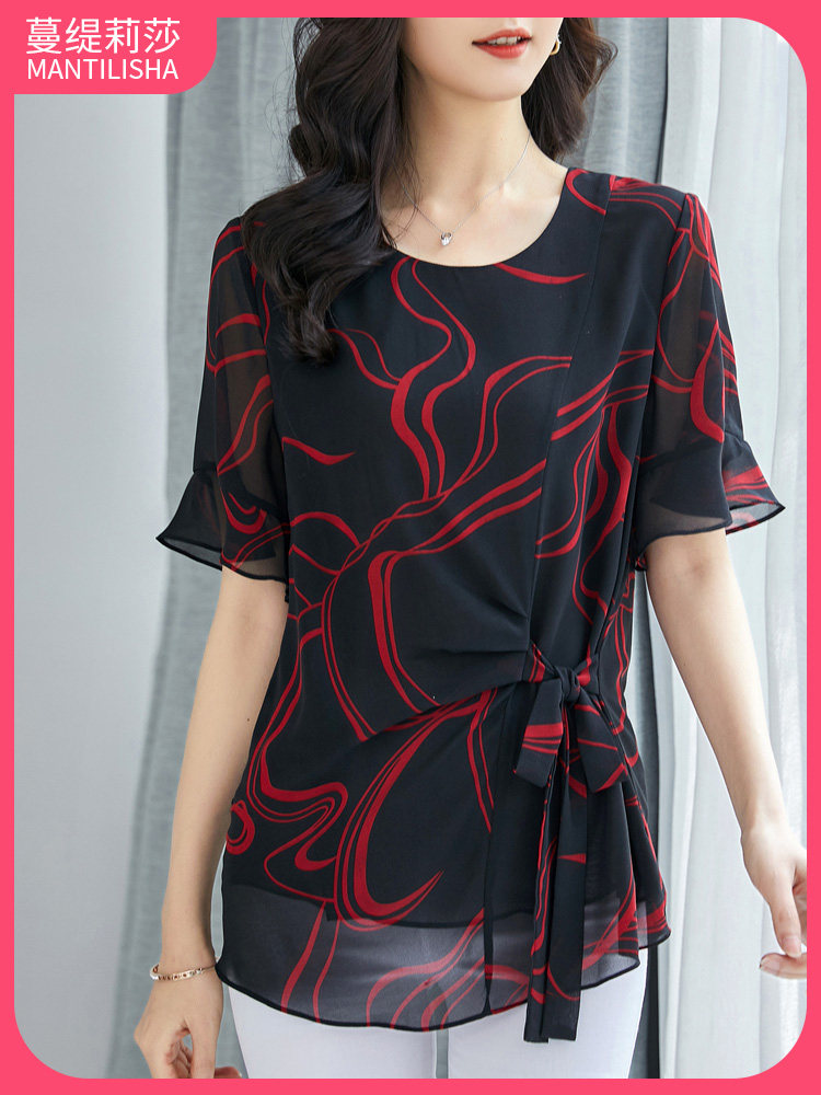 蔓缇莉莎洋气阔太太蝴蝶结雪纺衫女短袖加肥加大码遮肚上衣胖妈妈