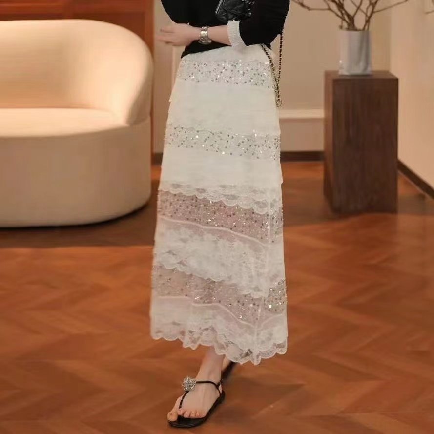 亮闪闪半身裙女2025夏新款宽松百搭小个子法式设计蕾丝高腰A字裙