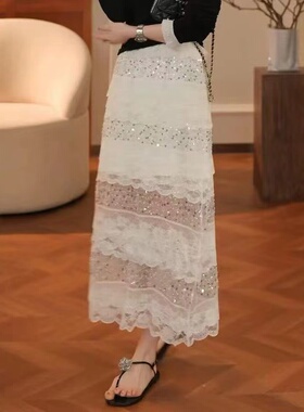 亮闪闪半身裙女2025夏新款宽松百搭小个子法式设计蕾丝高腰A字裙