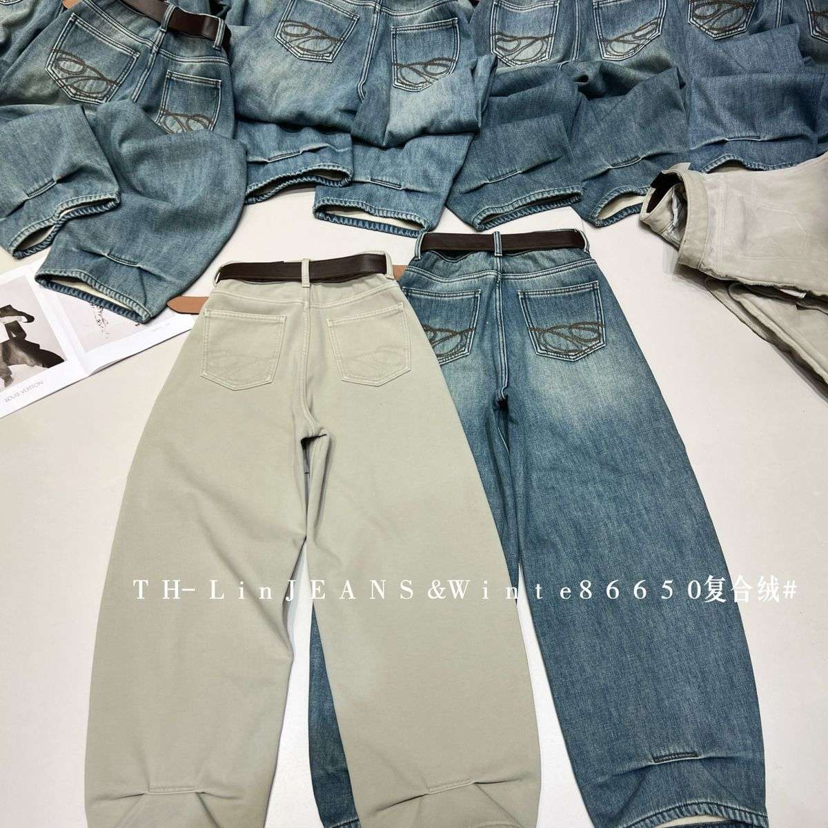 T.H-高定洗水宽松韩系百搭松弛感牛仔裤(配腰带)86650-1复合灰色