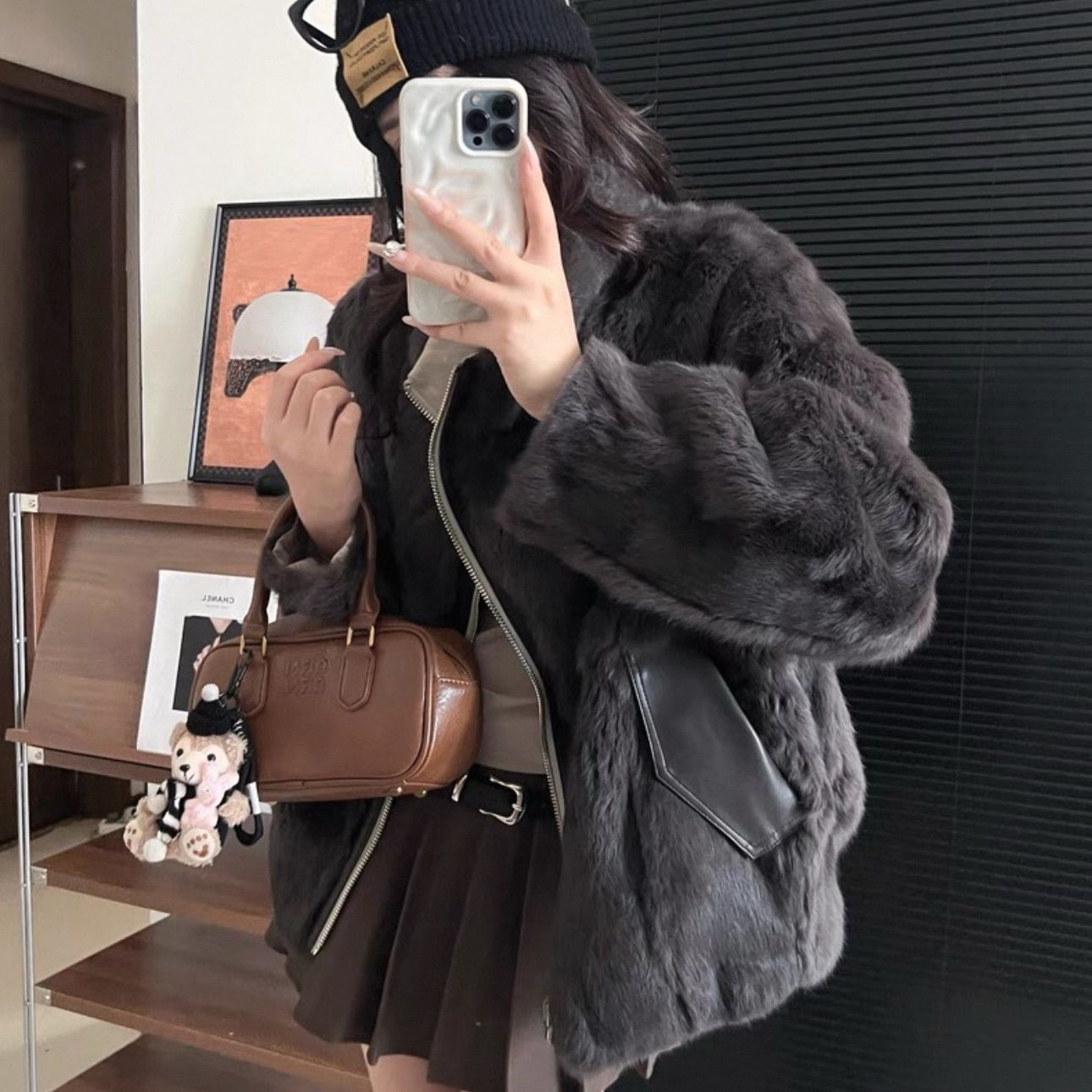Secret Guest-兔毛内胆皮草外套女夹克短款宽松保暖皮草外套4431