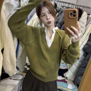 韩风日常拼接v领保暖毛衣50191 唯一家