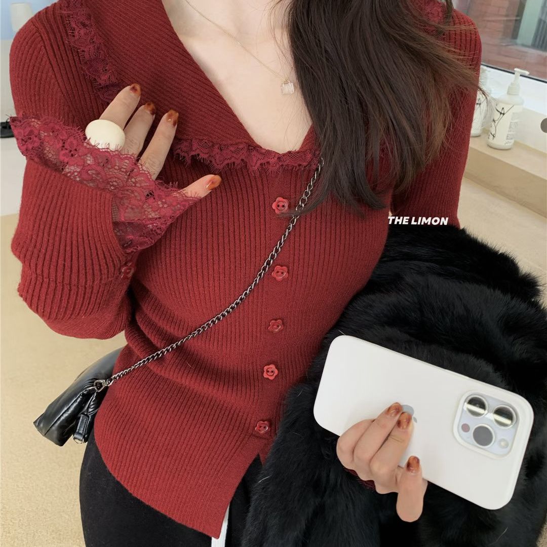柠檬绿茶-冬日伊甸园｜法式拼蕾丝领修身气质显瘦针织衫00-6896