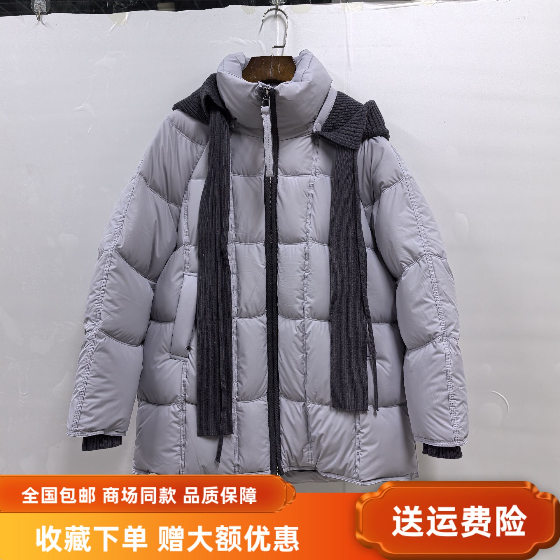 菲姿彩L-M25M58女款休闲白鸭绒中长针织连帽羽绒服冬装2025短外套