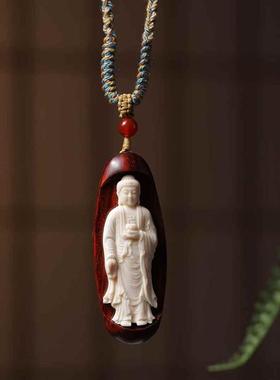 檀香紫檀小叶紫檀嵌猛犸雕刻大日如来佛吊坠挂件男女情侣同款项链