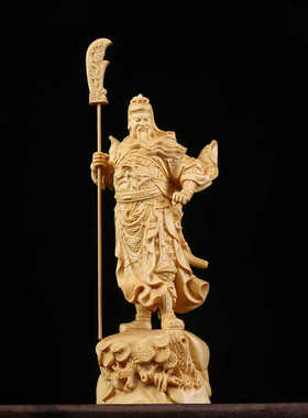 桧木木雕立刀关公佛像摆件关二爷配刀武财神家居饰品供奉工艺品