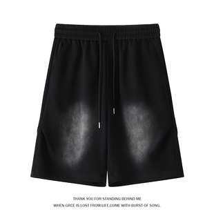 宽松休闲百搭运动五分裤 黑色抽绳短裤 男夏季