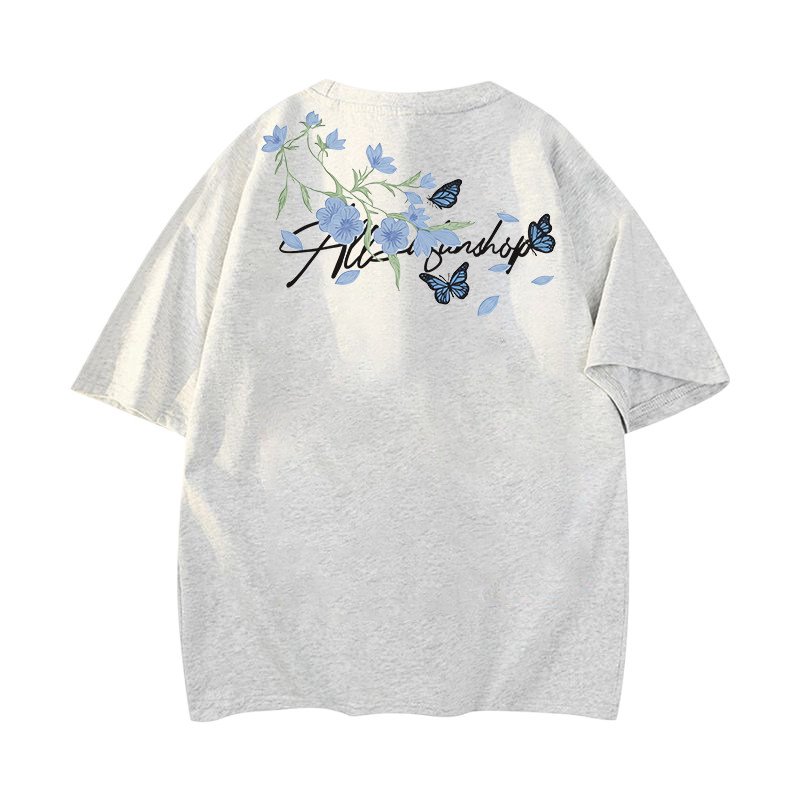 美式复古植物花卉蝴蝶仿刺绣花体字母印花纯棉短袖T恤