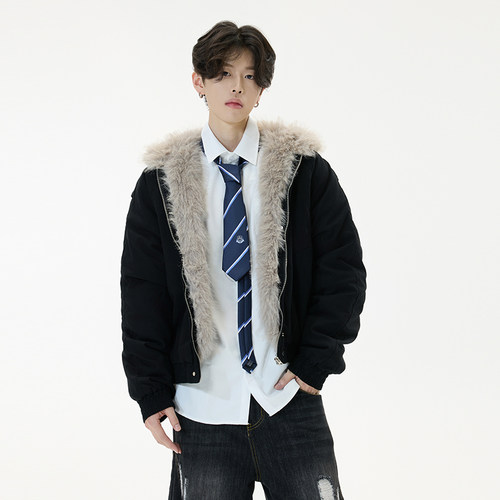 SMILEISLAND 美式复古座山雕毛领外套男小众潮牌设计感痞帅棉服