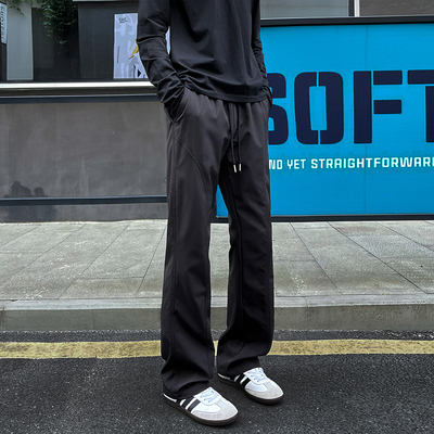 复古美式微喇拼接斜切休闲长裤