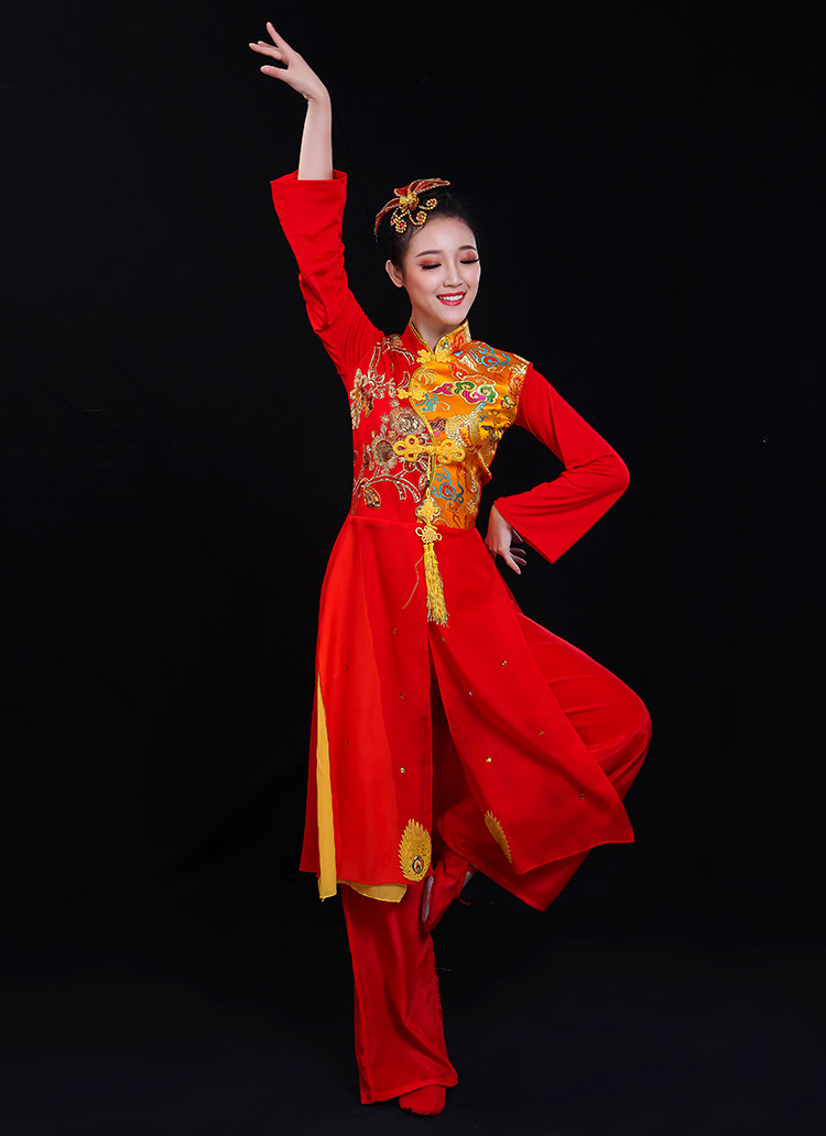 打鼓服演出服中国风腰鼓队服装成人女装喜庆红色套装舞台表演服装