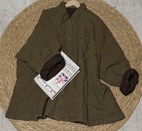 秋冬原创重工纯亚麻加厚翻领大版棉服衣长75 胸围160