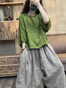 亚麻炒色做旧毛边休闲圆领女装上衣(长57胸围126)