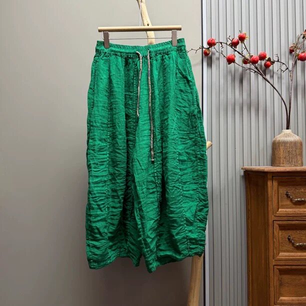 春夏新款糖果色做旧皱皱多片拼接松紧腰系带灯笼裤长90 臀围150