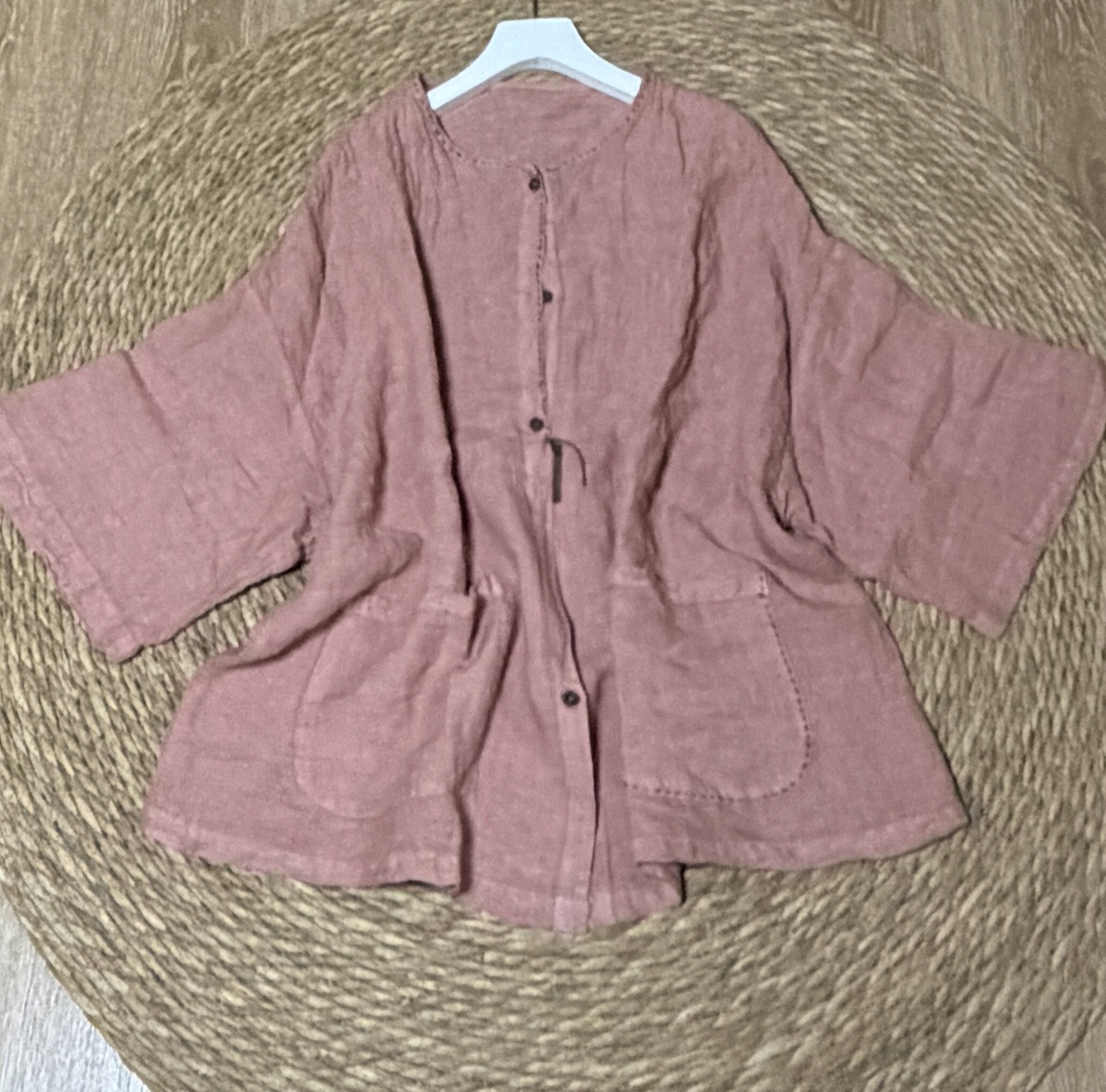 夏季文艺复古单排扣亚麻百搭手工缝线大口袋衬衫长62 胸围140