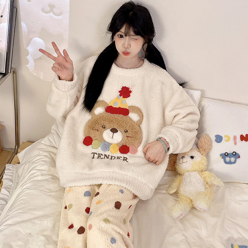 秋冬珊瑚绒睡衣女冬季保暖加厚加绒毛绒可爱法兰绒冬天家居服套装