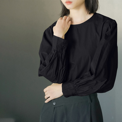 日系女装秋季新款长袖糖果色衬衣时尚圆领宽松显瘦棉衬衫女