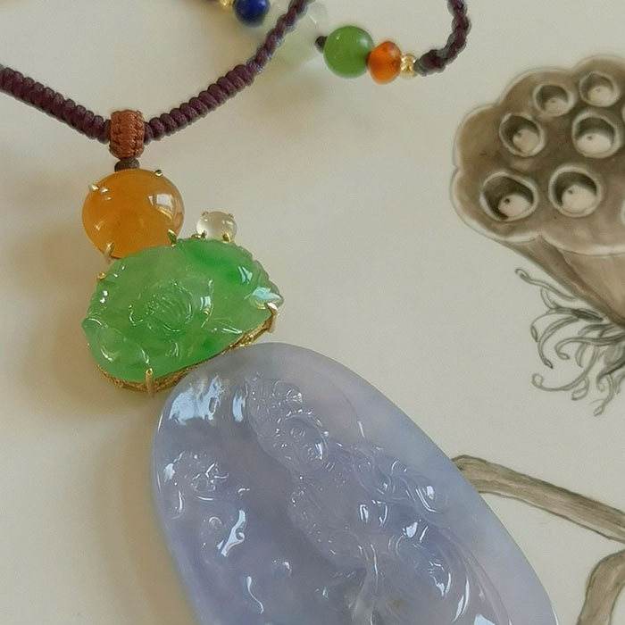 【叁思珠宝设计】正品天然a货翡翠冰紫祥云观音吊坠玉坠原创设计