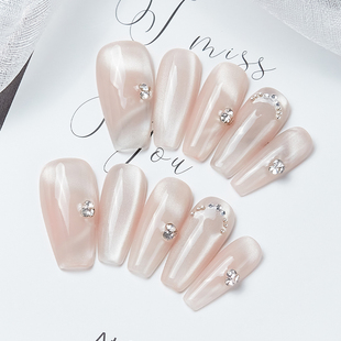 中梯猫眼穿戴甲中长款纯手工美甲黄黑皮显手白指甲贴片2025高级感