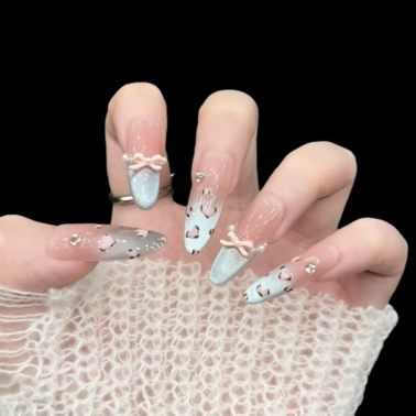 长杏仁黄黑皮显白美甲穿戴甲蓝色豹纹中长款手工2025新款指甲贴片