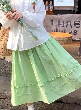 绿色甜美半身裙女防走光2026新款韩系百搭显瘦度假风中长裙裙子