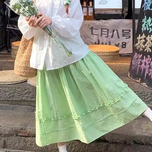 韩系百搭显瘦度假风中长裙裙子 绿色甜美半身裙女防走光2025新款