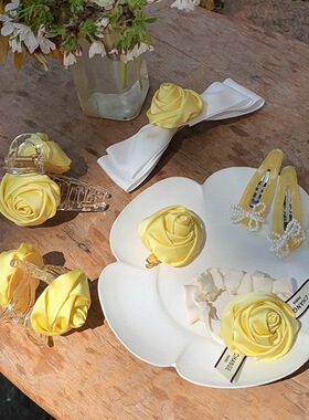 春日黄色系手工玫瑰花朵发夹刘海侧边夹头绳抓夹珍珠发夹发圈组合