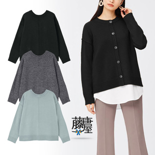 针织衫 前后两穿落肩圆领毛衣单排扣开衫 女装 出口日本外贸2022春季
