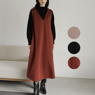 出口日本外贸秋冬季女装人棉混纺垂坠感藏肉神器V领无袖连衣裙