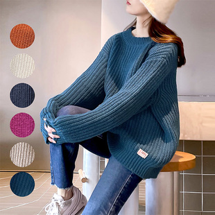 出口日本外贸秋冬季女装马卡色随性粗针圆领宽松落肩针织衫毛衣