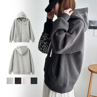 出口日本外贸秋冬女装柔软简约纯色宽松刺绣磨毛内刷绒连帽衫卫衣