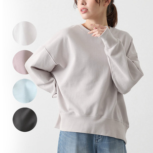 出口日本外贸春秋女纯棉柔软简约宽松纯色百搭内毛圈圆领长袖卫衣