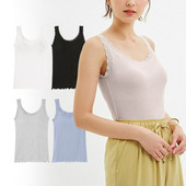 出口日本外贸女装 春秋季 罗纹弹力94%棉美胸带BRA一体蕾丝打底背心