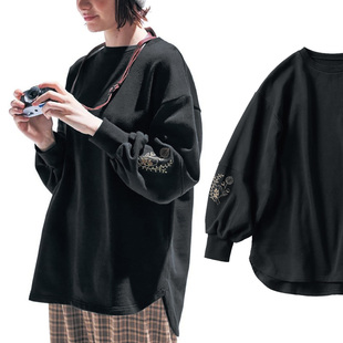 出口日本外贸秋冬女装休闲宽松内毛圈圆弧下摆刺绣袖圆领套头卫衣