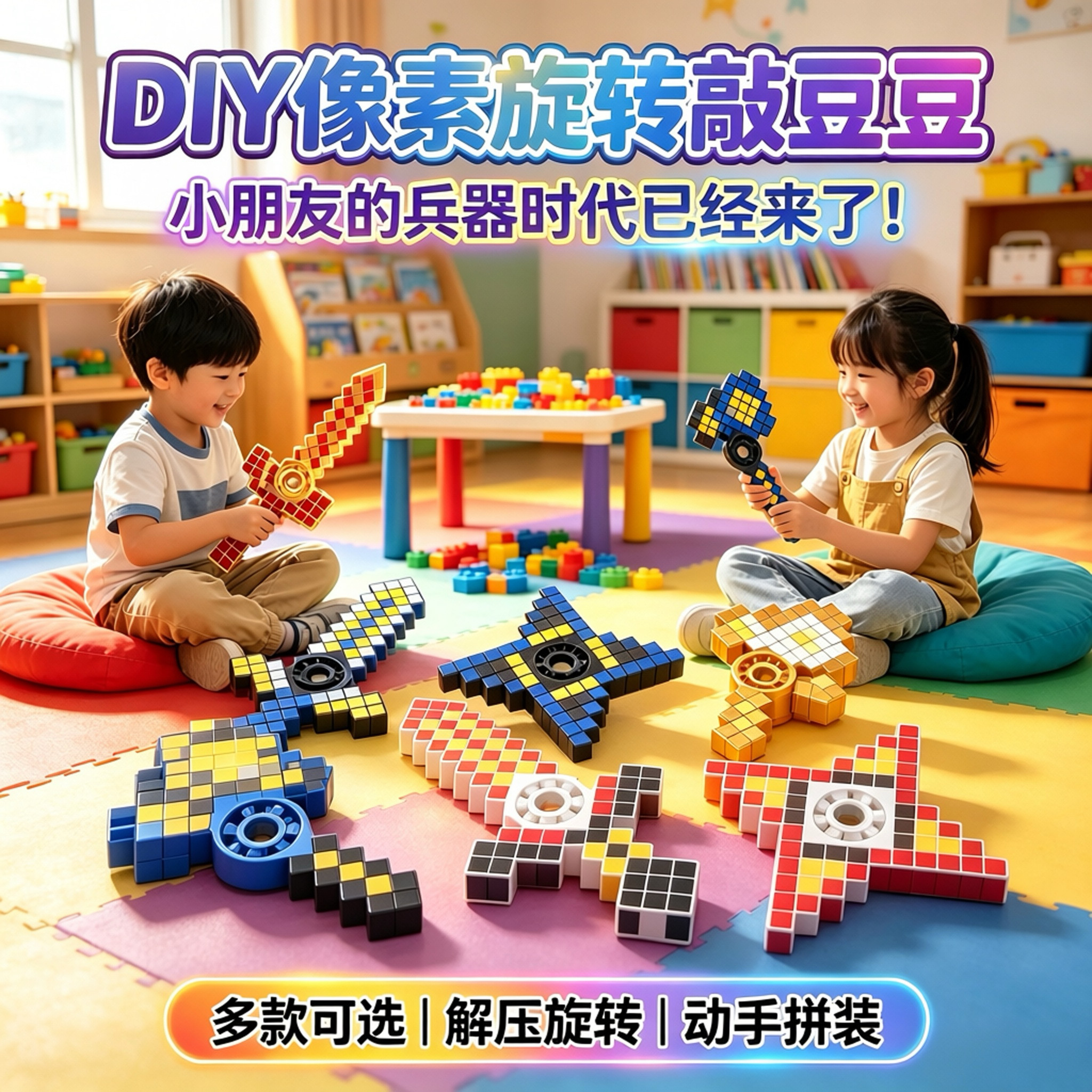 解压神奇DIY像素敲豆豆儿童手工创意玩具拼积木旋转轮拼豆材料包