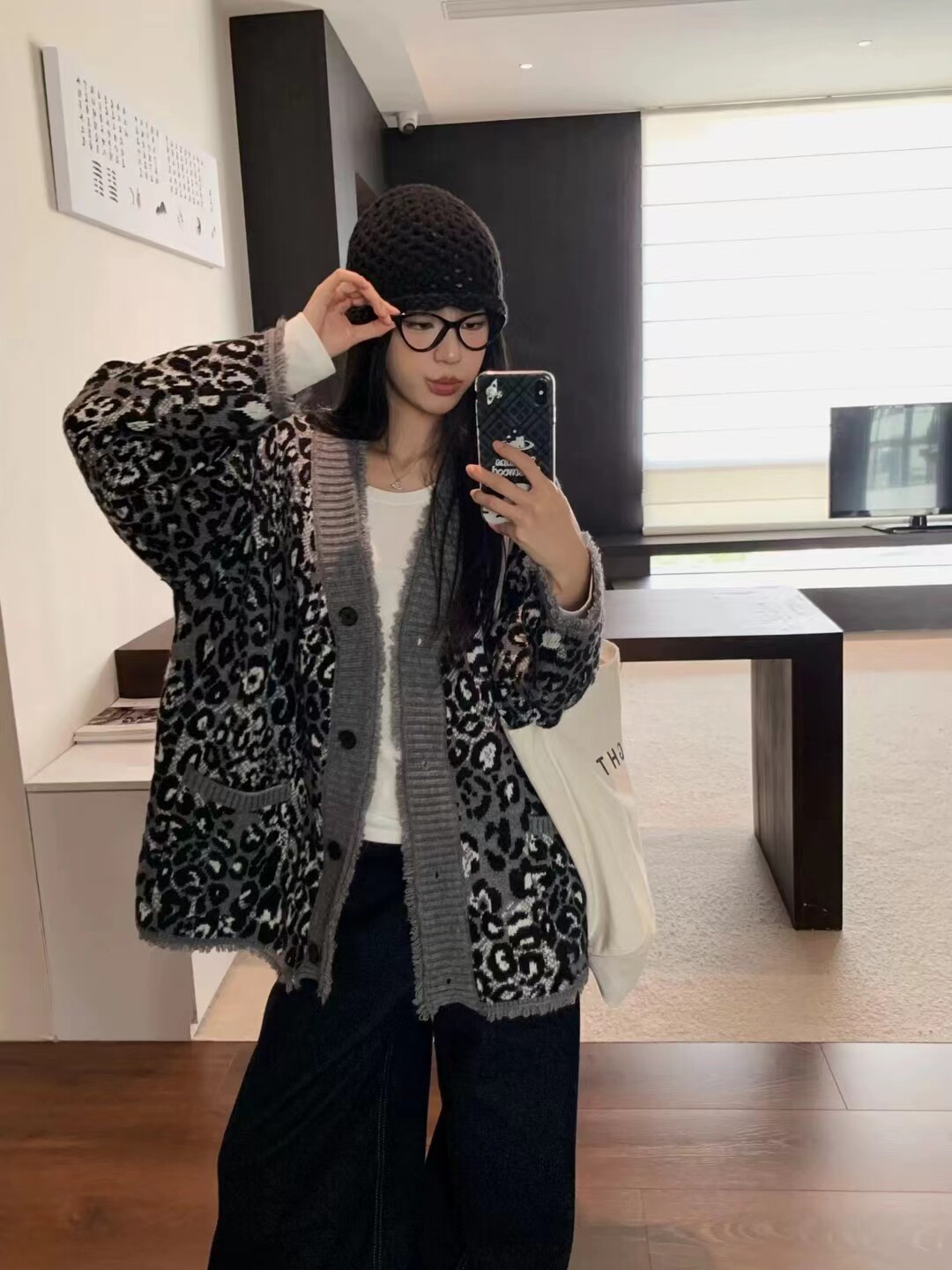 绵羊绒 美式复古豹纹毛衣开衫女秋冬时尚休闲宽松V领针织厚外套