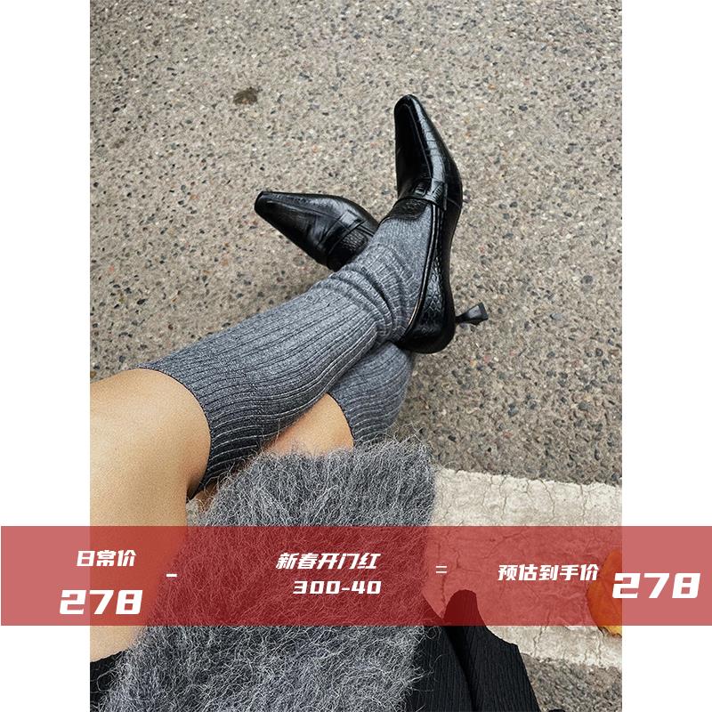 AZHU SHOES  高跟皮鞋女冬季新款真皮黑色酒杯跟方头一脚蹬单鞋
