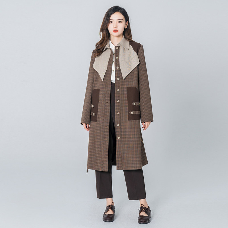 迪哈利不对称格纹色长款风衣女