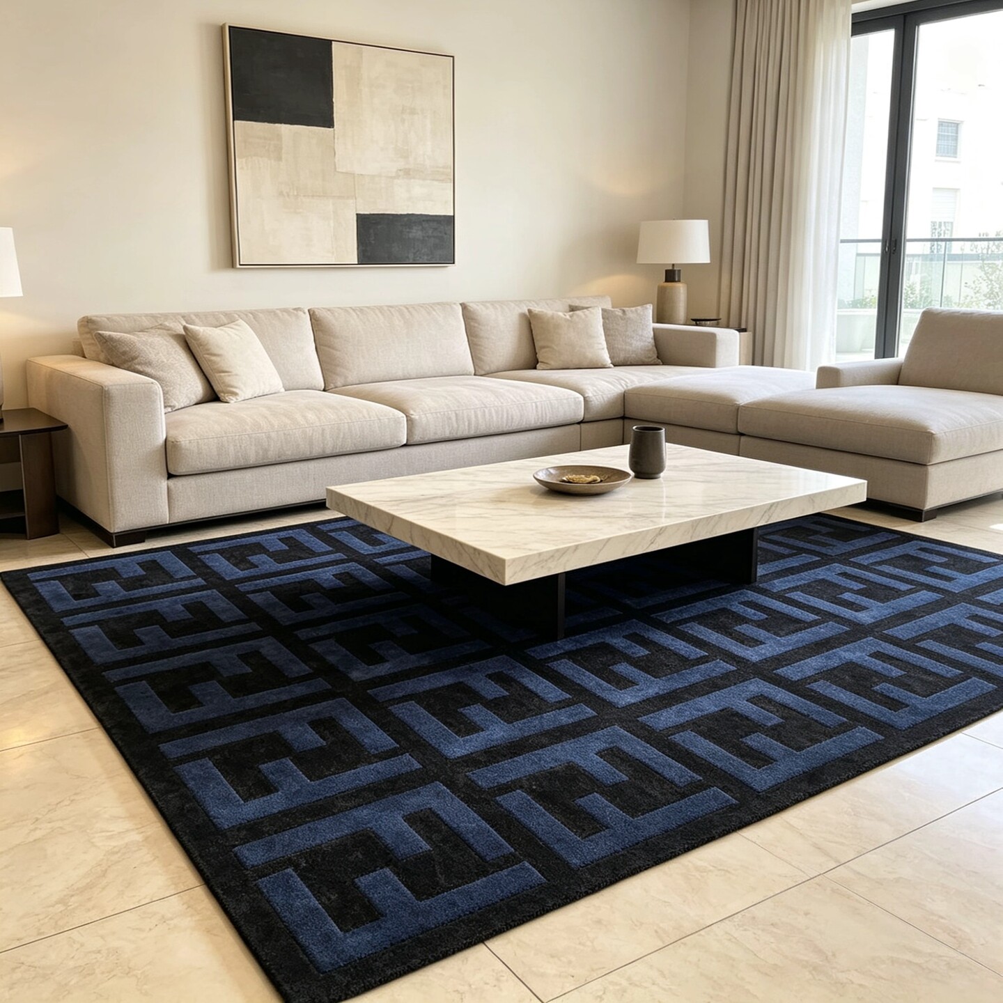 欧美大牌黑蓝立体轻奢高级客厅茶几地毯意式卧室书房衣帽间床边毯