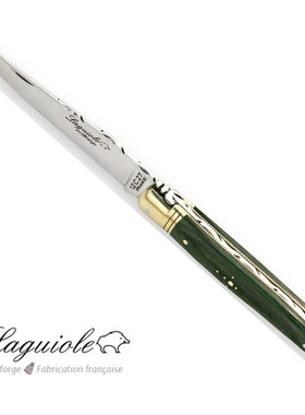 法国Laguiole 拉吉奥乐折叠刀绿色压缩木材刀柄黄铜端头 可选印字