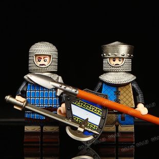 中世纪征召长矛民兵盔甲士兵积木人仔古代战争主题儿童拼装玩具男