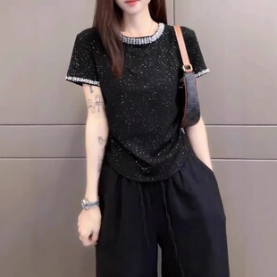 t恤女装 半袖 大码 显瘦修身 上衣 胖MM夏季 棉高级感满天星镶钻短袖