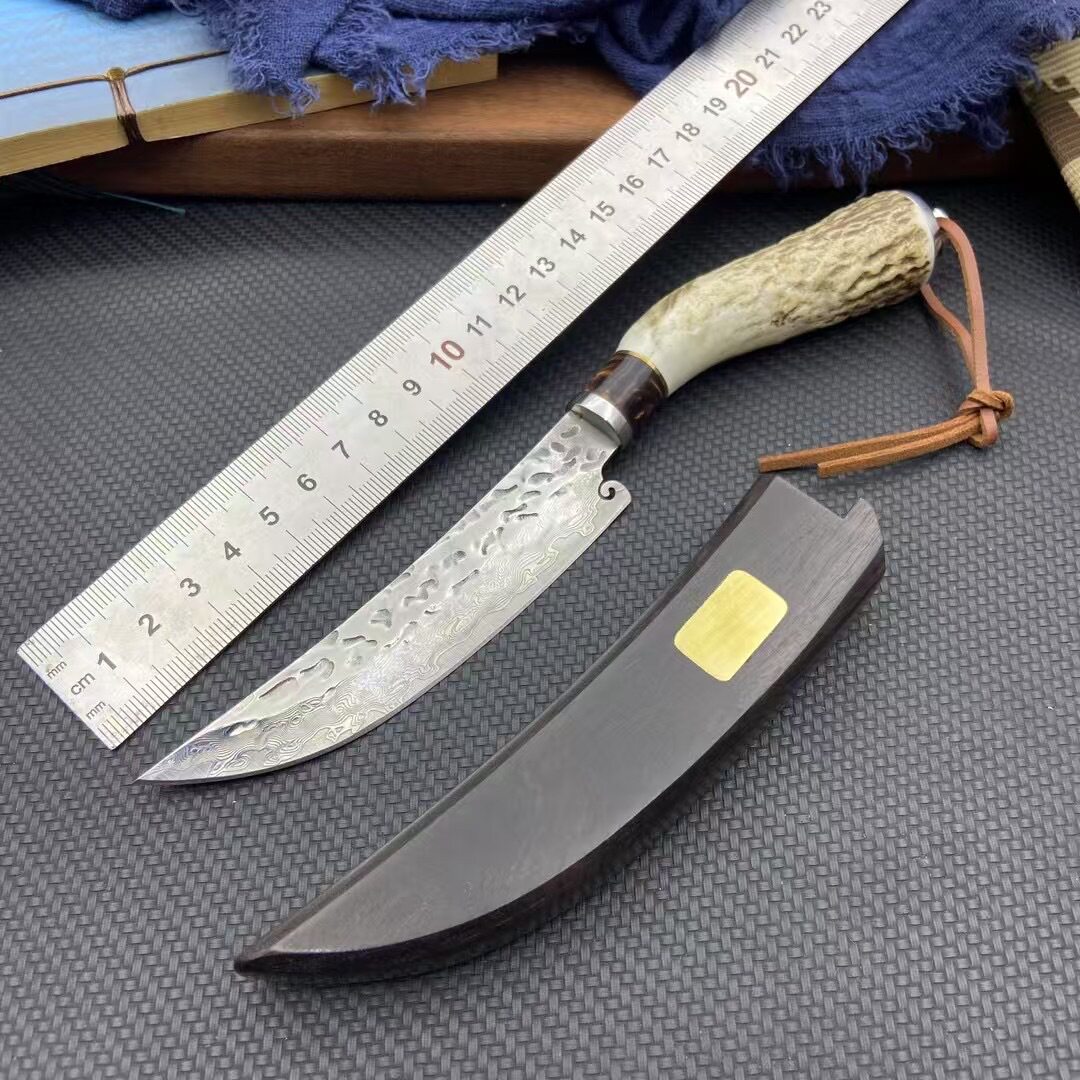 大马士革钢直刀鹿角手柄手把肉水果刀家用厨房小刀户外露营防身刀