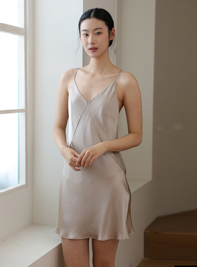 真丝睡衣女夏季浅咖100%桑蚕丝绸性感吊带睡裙打底显瘦可外穿