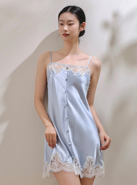 新款真丝睡衣女夏蓝色重磅桑蚕丝绸性感蕾丝显胸显白吊带睡裙