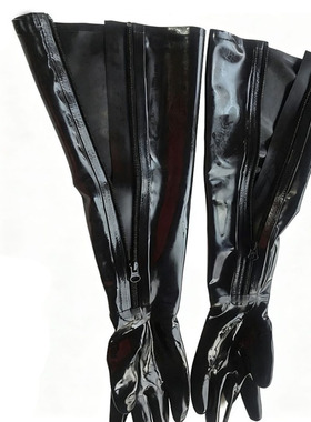 YINUO乳胶长手套乳胶手套男女黑色乳胶长手套侧拉链cosplay长手套